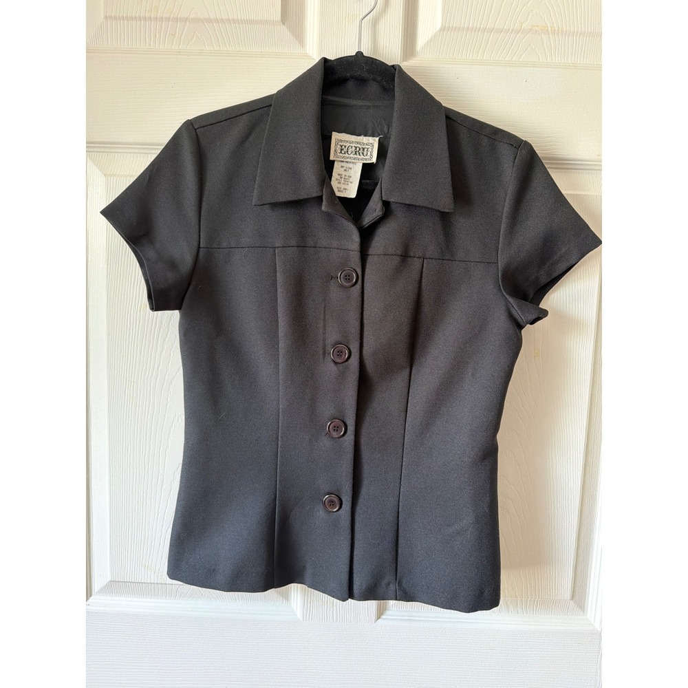 Ecru Button Up Top Women Small Black Vintage Short Sleeve Structured Office